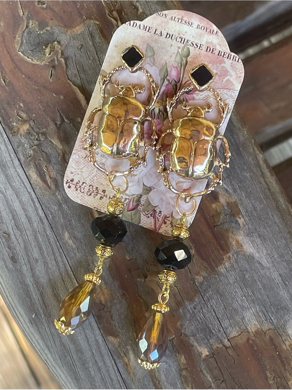Hand Crafted Gold Scarab Earrings with Black and Amber Drops - Picture 4 of 7